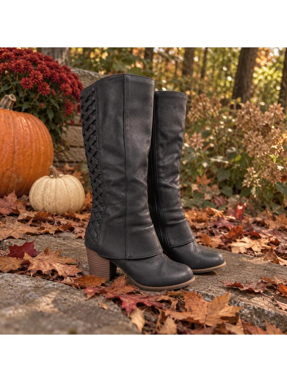FERGALICIOUS Y2K KNEE HIGH WOVEN TALL BOOTS BLACK